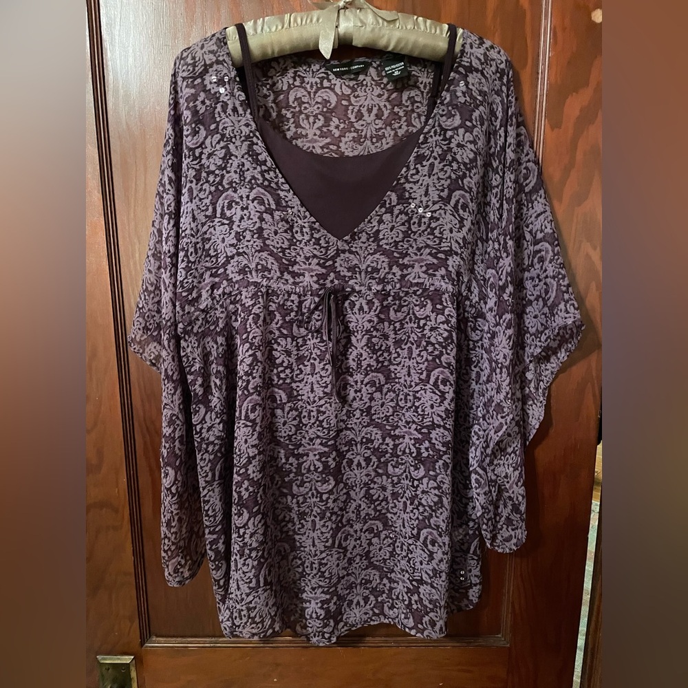 New York & Co. Plum/Eggplant Cami w/ Shelf Bra & Sheer Top w/ Tie and Sequins. M